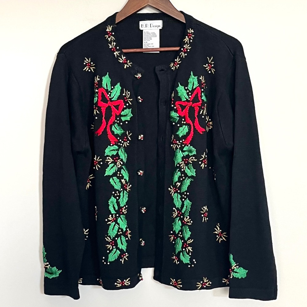 B.P. Design Women's Black Christmas Cardigan Embroidered Holly Bow Sweater Large